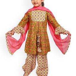 LIL PITAARA Girls Yellow & Pink Floral Pure Cotton Kurti With Dhoti Pants & Dupatta-image-8