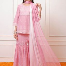 Vishudh Ethnic Motifs Printed Regular Sequinned Pure Cotton Kurti with Sharara & Dupatta-picture-9