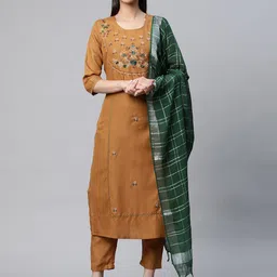 Sringam Women Brown Floral Embroidered Pure Cotton Kurta with Trousers & With Dupatta-45