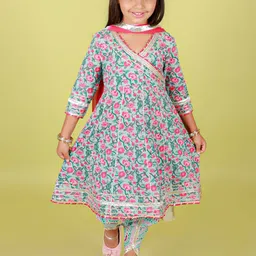 Stuffie Land Girls Floral Printed Angrakha Cotton Anarkali Kurta & Salwar With Dupatta-picture-31