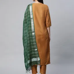 Sringam Women Brown Floral Embroidered Pure Cotton Kurta with Trousers & With Dupatta image 2