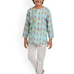 frangipani Boys Turquoise Blue & White Superman Printed Pure Cotton Night suit-43