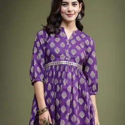 Ramas Ethnic Motifs Printed Mandarin Collar Mirror Work A-Line Top-image-3