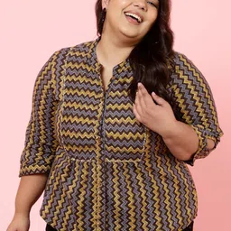 Jaipur Kurti Plus Size Geometric Print Mandarin Collar Cotton Top-17