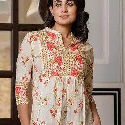 Jaitpuriya Women Floral Printed Mandarin Collar Cotton Top-image-29