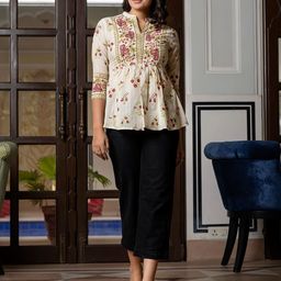 Jaitpuriya Women Floral Embroidered Mandarin Collar Cotton Top-image-53