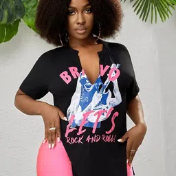 Stylecast X Slyck Graphic Printed Mandarin Collar Pure Cotton Side Slit Longline T-shirt-image-81