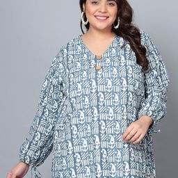 Indietoga Plus Size Ethnic Motifs Printed V-Neck Puff Sleeves Cotton Tunics-picture-5