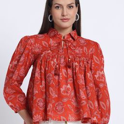 JAIPURIBANNO Women Printed Shirt Collar Cotton Empire Top-image-17
