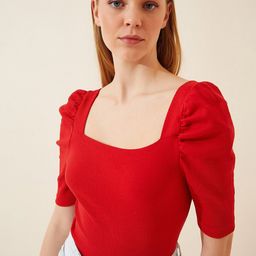 Happiness istanbul Square Neck Puff Sleeve Ribbed Fitted Top-picture-45