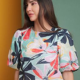 Freehand by The Indian Garage Co Blue Floral Printed Round Neck Puff Sleeve Cotton Regular Top-image-54