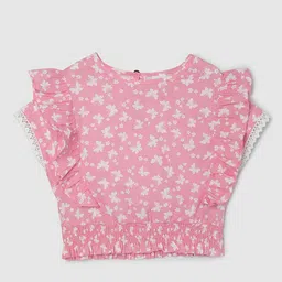 max Girls Floral Printed Flutter Sleeves Cotton Top-18