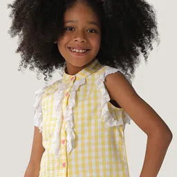 One Friday Checked Mandarin Collar Lace Up Detail Cotton Top-picture-49