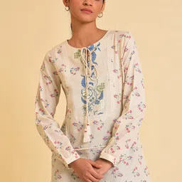W White Floral Print Tie-Up Neck Cotton Top-picture-17
