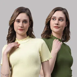 FBAR Pack Of 2 High Neck Short Sleeves Bio-Wash Pure Cotton Top-image-20