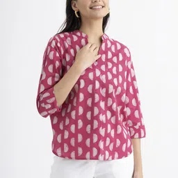 Pink Fort Geometric Printed Mandarin Collar Pure Cotton Top-picture-53