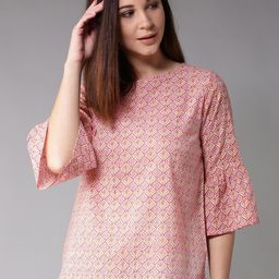 HERE&NOW Women Pink Printed Pure Cotton Top-image-90