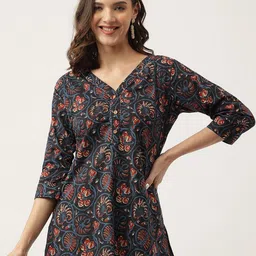 KALINI Floral Printed V-Neck Regular Cotton Top-image-10