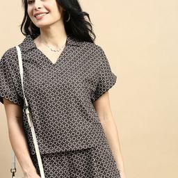 De Moza Geometric Print Shirt Collar Boxy Top-picture-39