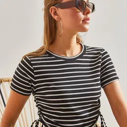 BIANCO LUCCI Striped Round Neck Short Sleeves Regular Top-image-10