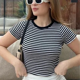 BIANCO LUCCI Pack Of 2 Striped Round Neck Short Sleeves Fitted Top-image-43