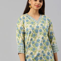 De Moza Floral Printed V-Neck Cotton Linen Top-picture-11