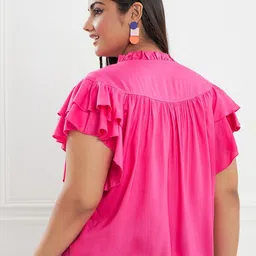 CURVE BY KASSUALLY Fuchsia Mandarin Collar Flutter Sleeves Tie-Ups Pure Cotton Top image 3