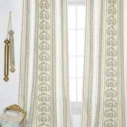 Tranquebar Home Green & White 2 Pieces Printed Room Darkening Cotton Window Curtains-image-59