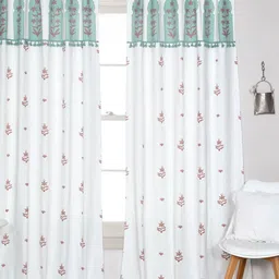 Tranquebar Home Green & White 2 Pieces Printed Room Darkening Cotton Window Curtains-image-86