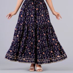 Women Printed Flared Dark Blue Skirt-image-3