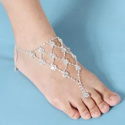 Yellow Chimes Women Set Of 2 White Crystal Studded Anklet with Toe Ring-11