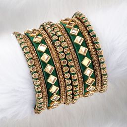 Peora Green & Gold-Plated Set Of 2 Matching Bangle Kundan Studded Chuda image 5