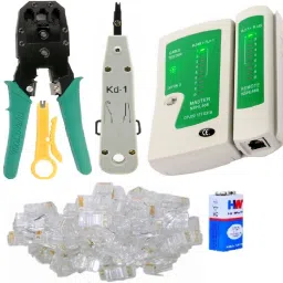 BALRAMA Combo Crimping Tool + Network LAN Cable Tester + RJ 45 Connectors Cable Plug Heads Multifunctional Tools for IT Laptop Computer Network Profeesionals Manual Crimper Combo Set-2