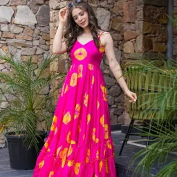 Graphic Print, Floral Print, Printed, Woven Cotton Rayon Stitched Flared/A-line Gown-picture-1