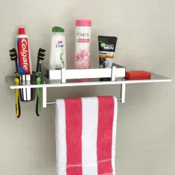4 in 1 Multipurpose Bathroom Shelf – Liquid Dispenser - Tumbler Holder – Toothbrush Holder – Towel Holder - Hanger - Towel Rod Bathroom Accessories (18 x 5 Inches) Stainless Steel Wall Shelf-7