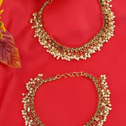 ANIKAS CREATION Set Of 2 Gold-Plated Beige & Off-White Kundan-Studded Beaded Vilandi Anklets-picture-35