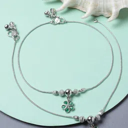 ZENEME Set Of 2 Rhodium-Plated  Artificial Stone Studded Floral Charm Anklets-picture-16