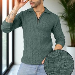 verticals Men Self Design Collared Neck Green Sweater-picture-0