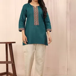 Odd By Poshaak Floral Yoke Design Regular Pure Cotton Kurti with Trousers-picture-25