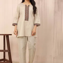 Odd By Poshaak Ethnic Motifs Printed Notch Neck Pure Cotton Tunic With Trousers-image-51
