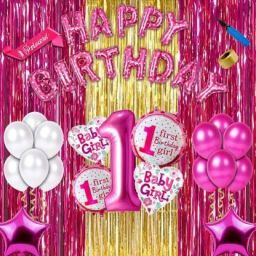 Solid Baby girl with sash first/1st happy birthday room/wall party decorations combo/kit pack pink color theme (Set of 85) Balloon (Pink, Pack of 85)-18