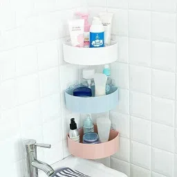 3 PCS ABS Plastic Hanging Multipurpose Home Kitchen Bathroom Accessories Traceless Wall Shelves Decor Items Storage Triangle Corner Shower Caddy Rack Shelf with Strong Adhesive Magic Sticker Plastic Wall Shelf-image-46