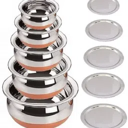 Perfect Copper Handi Set for Everyday Use Whether you want to cook a delicious serving of your favourite sabzi or heat leftover curries from the previous day, the 3 Piecs copper handi set, Prabhu Chetty, Curved Copper Plate at Bottom, Best Quality Stainless Steel Copper Bottom Handi Pot Set, Brown & Steel, 3 Pic Handi Copper Vegetable Bowl ,Cooking Dinner Table Serving Biryani Pot Handi Kadhai , Panikarilikka Steel Handi 3 Pices Sets Handi Serving Sets Bowl Serving Set-17