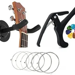 Combo of Metal Guitar Hanger with Capo, Guitar Strings and 6 Picks Wall Hanger-77