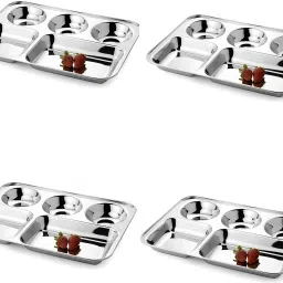 Pack of 4 Stainless Steel Stainless Steel Plate with Compartment/Bhojan Thali/Partition Plate for Lunch K0 Dinner Set-image-66