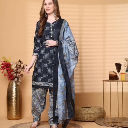 Ready to Wear Navy Blue Cotton Blend Printed Patiala Salwar Suit Printed Kurta, Patiala & Dupatta Set-image-25