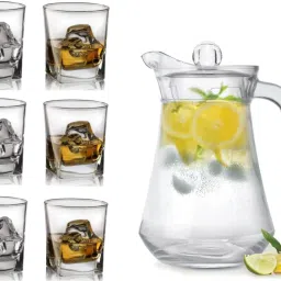 Glass jug 1300 ml with Lid Drinking Glasses Set 6 Glass 290ML, Water JUG SET Jug Glass Set-24