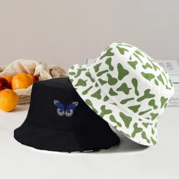 poshing Latest cow design Reversible cotton Butterfly Embroidered Bucket hat for Women-image-36