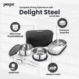 pexpo Delight Steel with 2 Round Containers (2*280ml) and Roti Box (400ml) and Spoon 3 Containers Lunch Box image 2