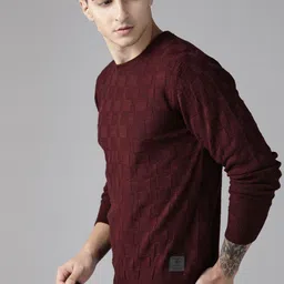 roadster Men Self Design Round Neck Maroon Sweater-picture-9